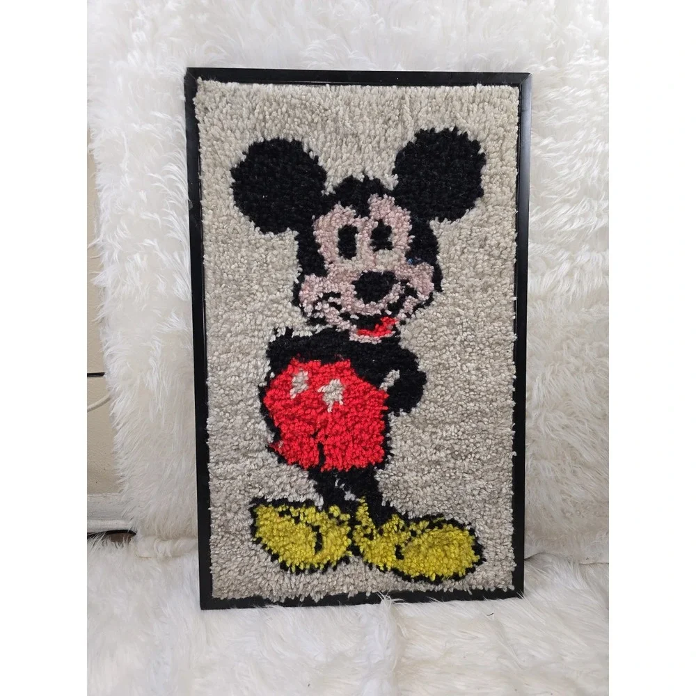 Vintage Framed Disney Mickey Mouse Latch Hook Wall Hanging Bath Rug MCM Retro